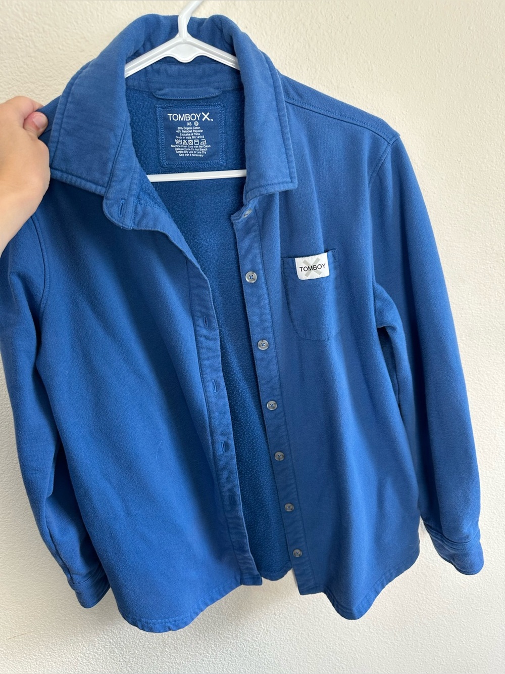 Tomboy X Women’s XS Shirt Blue Eco Fleece Organic Cotton Button Up Sweatshirt